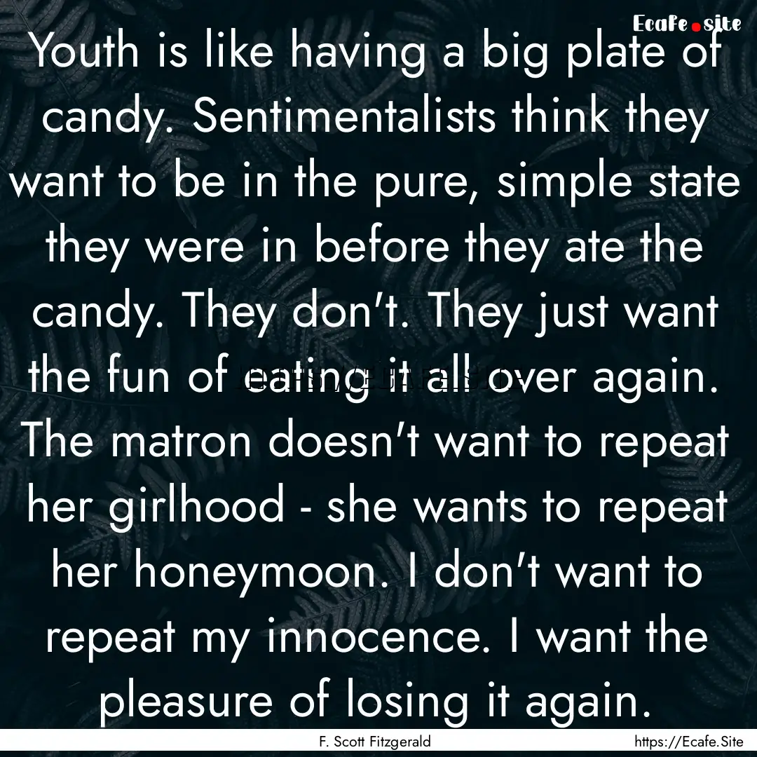 Youth is like having a big plate of candy..... : Quote by F. Scott Fitzgerald