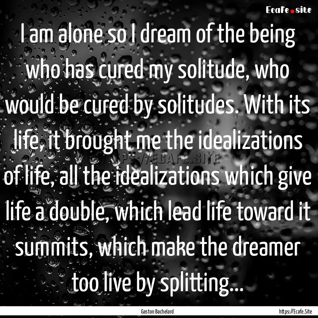 I am alone so I dream of the being who has.... : Quote by Gaston Bachelard