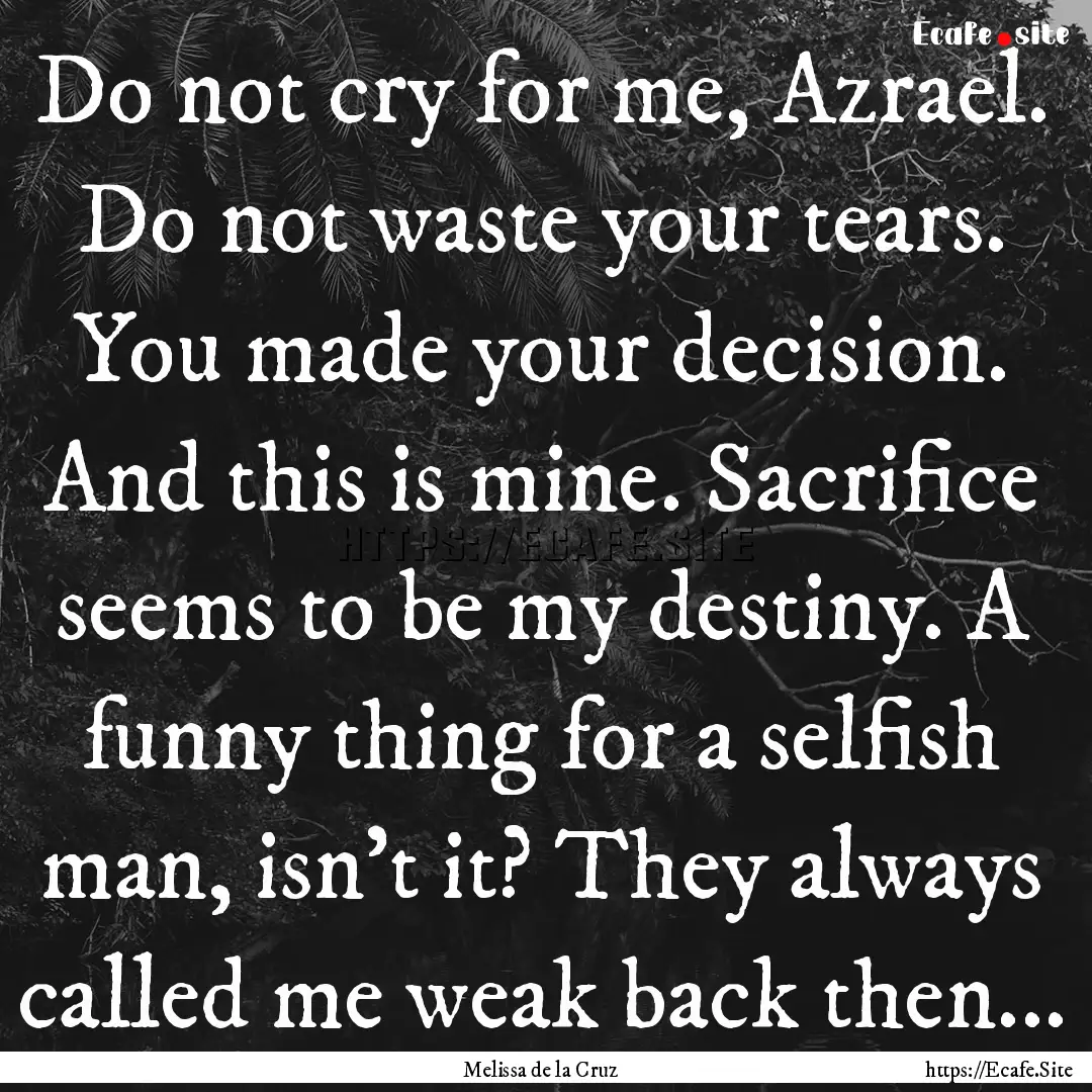 Do not cry for me, Azrael. Do not waste your.... : Quote by Melissa de la Cruz