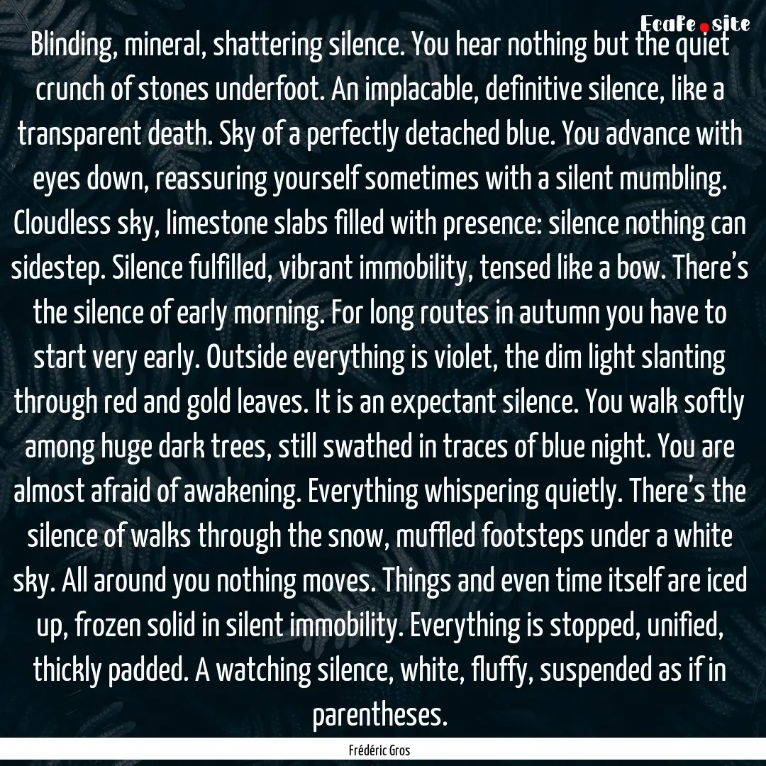 Blinding, mineral, shattering silence. You.... : Quote by Frédéric Gros