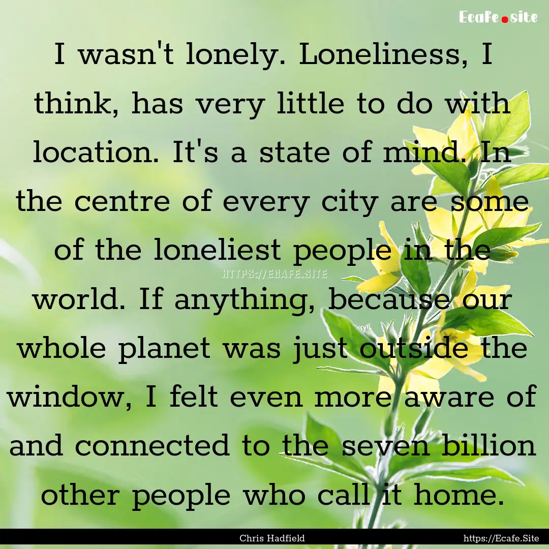 I wasn't lonely. Loneliness, I think, has.... : Quote by Chris Hadfield