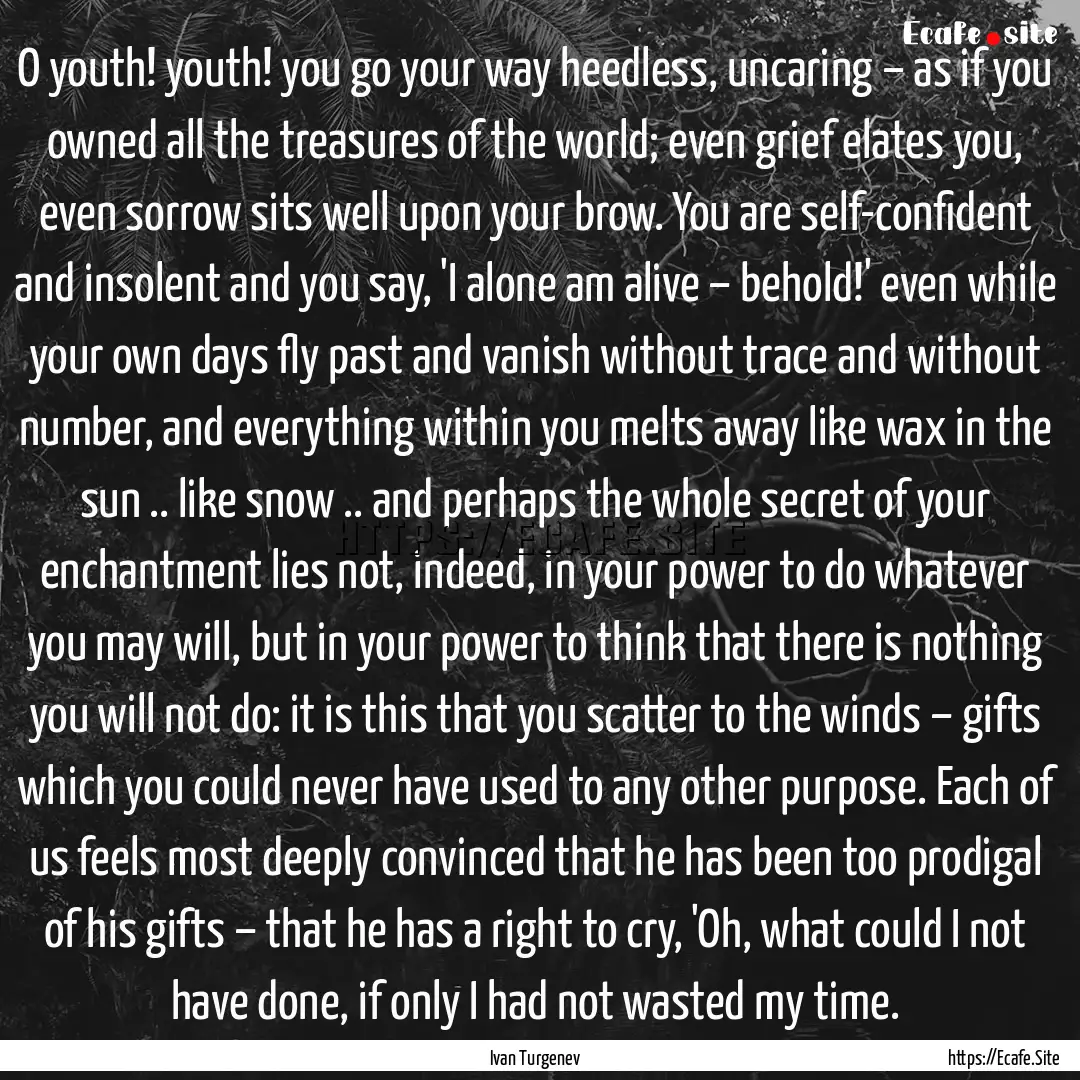 O youth! youth! you go your way heedless,.... : Quote by Ivan Turgenev