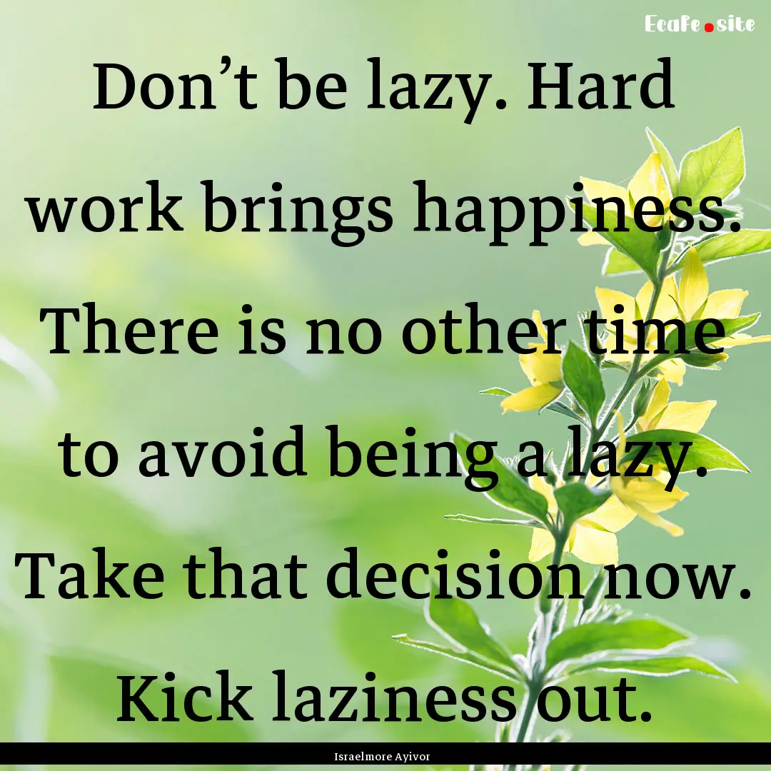 Don’t be lazy. Hard work brings happiness..... : Quote by Israelmore Ayivor