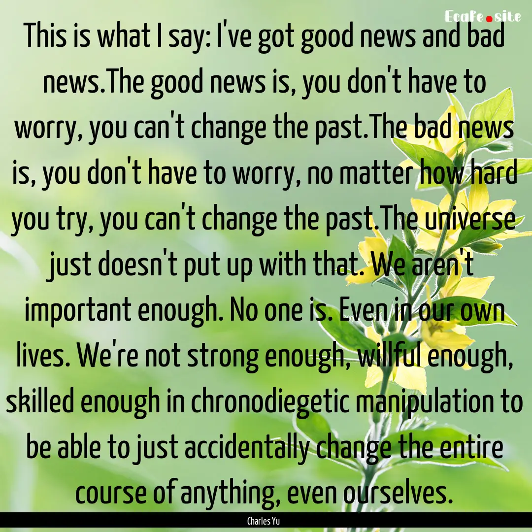 This is what I say: I've got good news and.... : Quote by Charles Yu