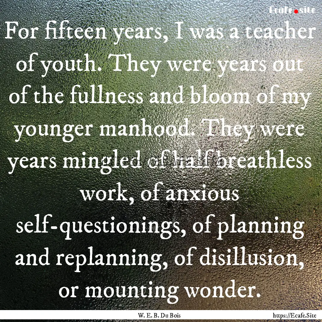 For fifteen years, I was a teacher of youth..... : Quote by W. E. B. Du Bois