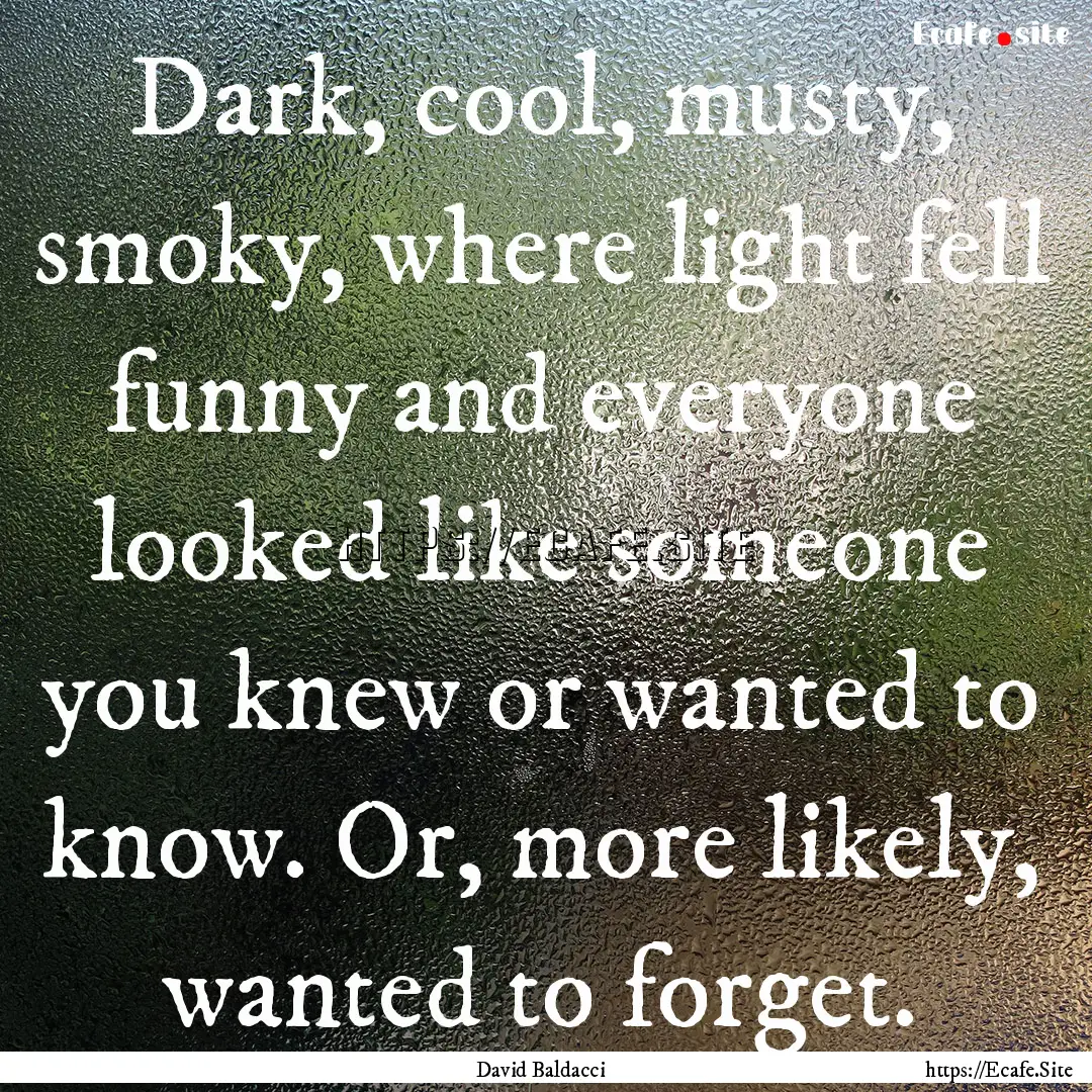 Dark, cool, musty, smoky, where light fell.... : Quote by David Baldacci