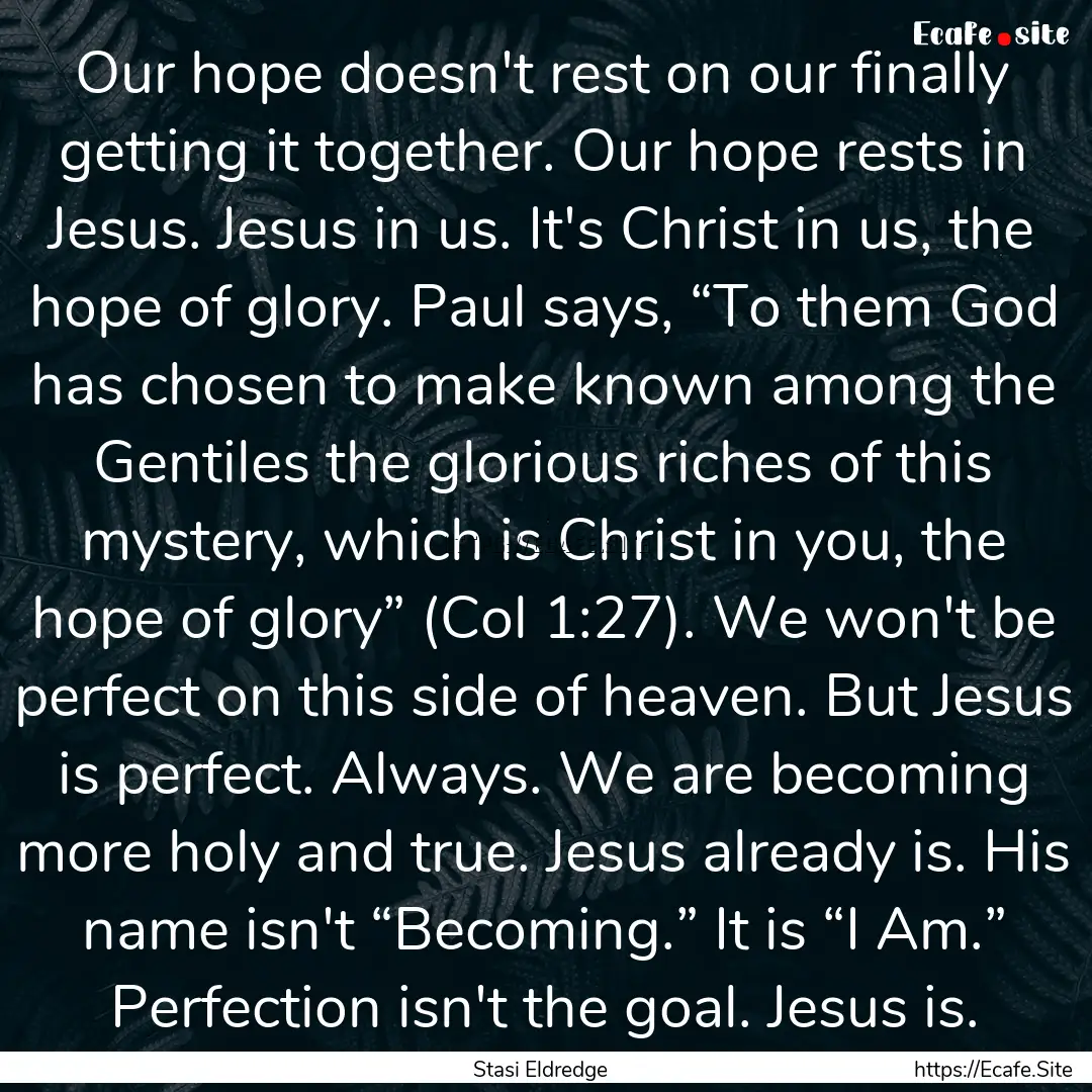 Our hope doesn't rest on our finally getting.... : Quote by Stasi Eldredge