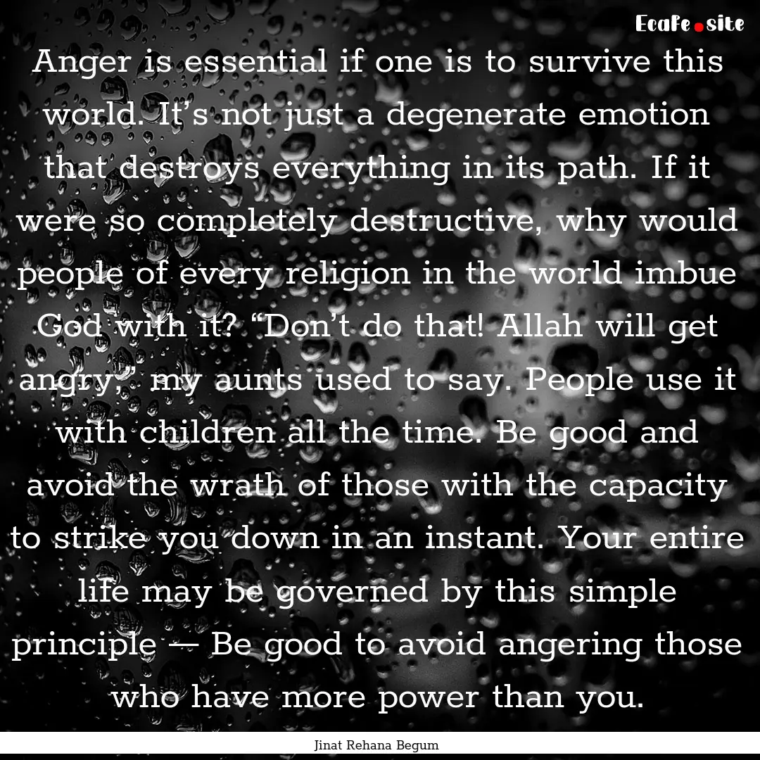 Anger is essential if one is to survive this.... : Quote by Jinat Rehana Begum