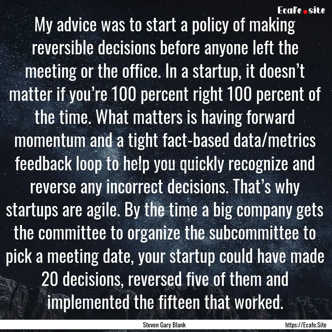 My advice was to start a policy of making.... : Quote by Steven Gary Blank