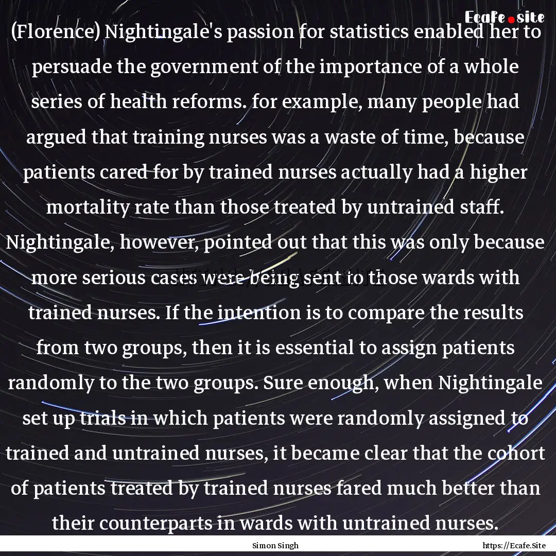 (Florence) Nightingale's passion for statistics.... : Quote by Simon Singh