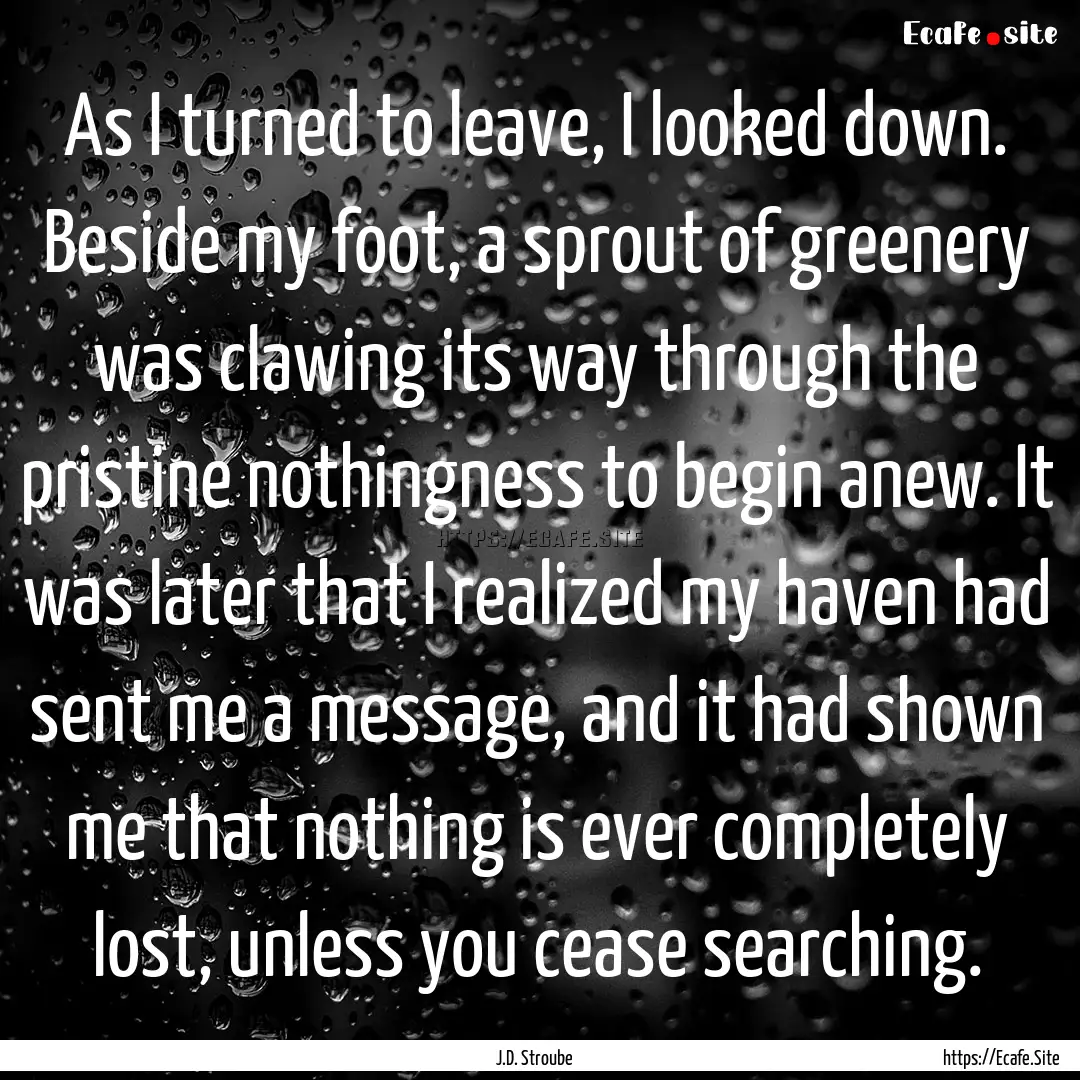 As I turned to leave, I looked down. Beside.... : Quote by J.D. Stroube